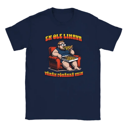 Navy blue T-shirt featuring a man in an armchair holding pizza beside the Finnish words En ole lihava.