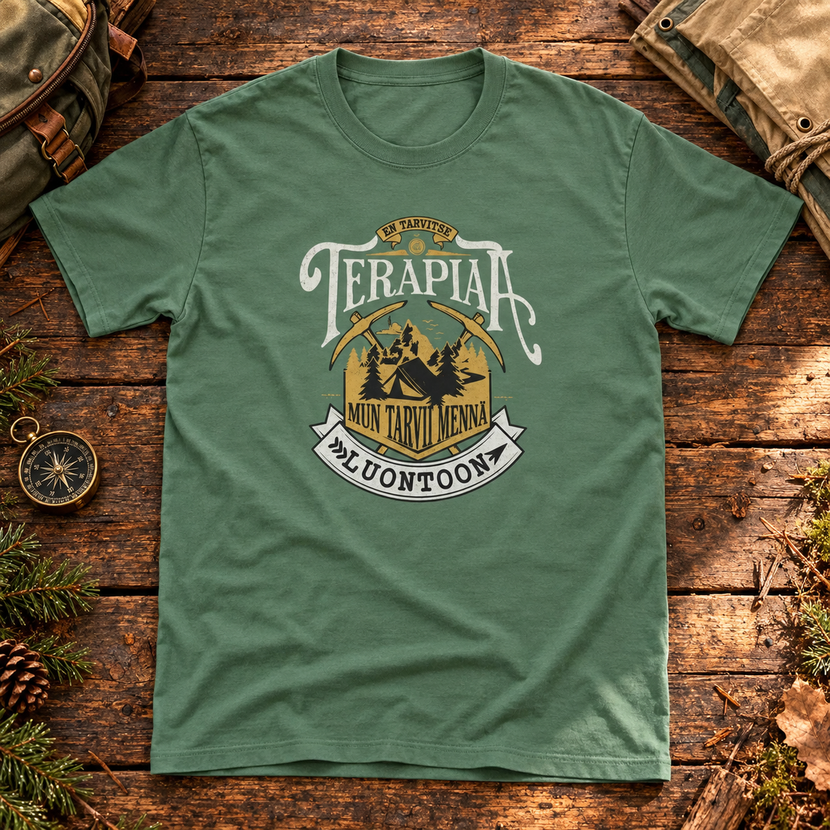 Themed flat-lay photograph of En Tarvitse Terapiaa - T-paita with accessories related to its printed design.
