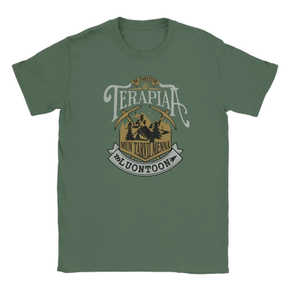 T-shirt featuring mountains, forest and a tent with a Finnish joke about heading into nature.