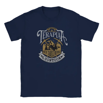 T-shirt featuring mountains, forest and a tent with a Finnish joke about heading into nature.