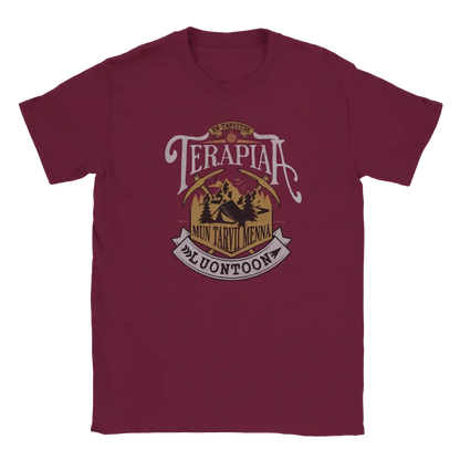 Maroon T-shirt featuring mountains, forest and a tent with a Finnish joke about heading into nature.