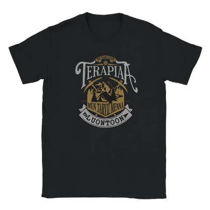 Black T-shirt featuring mountains, forest and a tent with a Finnish joke about heading into nature.
