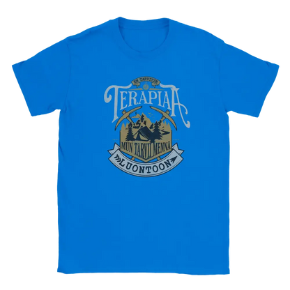 T-shirt featuring mountains, forest and a tent with a Finnish joke about heading into nature.