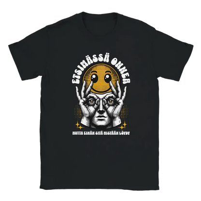 Black T-shirt featuring a worried character holding a smiley face beside the Finnish words Etsim�ss� onnea.