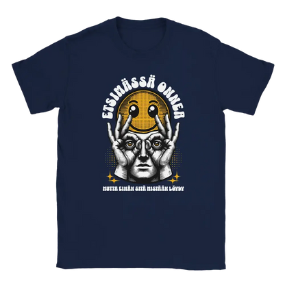 Navy blue T-shirt featuring a worried character holding a smiley face beside the Finnish words Etsim�ss� onnea.