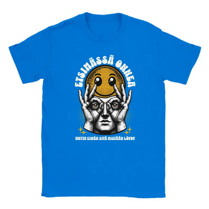 Blue T-shirt featuring a worried character holding a smiley face beside the Finnish words Etsim�ss� onnea.