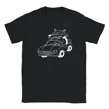 Black T-shirt featuring an animal wearing sunglasses at the wheel of a convertible.