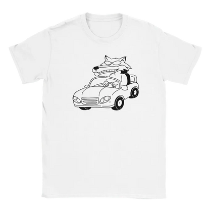 White T-shirt featuring an animal wearing sunglasses at the wheel of a convertible.
