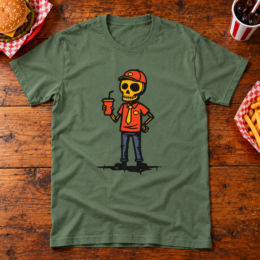 Themed flat-lay photograph of Fast Food For Life - T-paita with accessories related to its printed design.