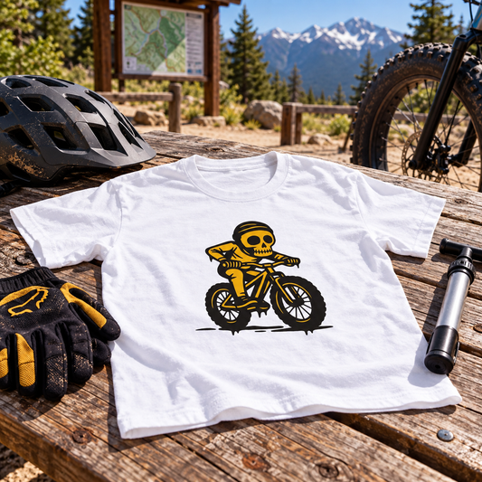 Themed flat-lay photograph of FatBike - T-paita with accessories related to its printed design.