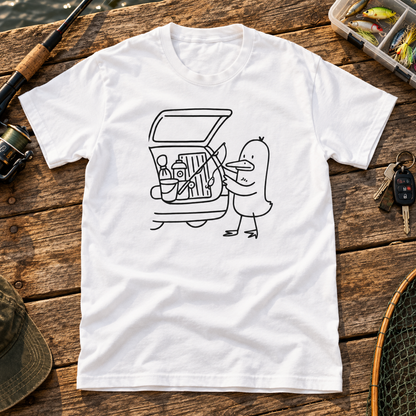 Themed flat-lay photograph of Fishing Trip Duck - T-paita with accessories related to its printed design.