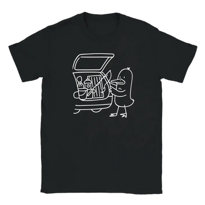 Black T-shirt featuring a duck loading fishing equipment into a car boot.
