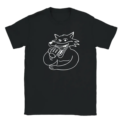 Black T-shirt featuring a fox holding a drinking mug.