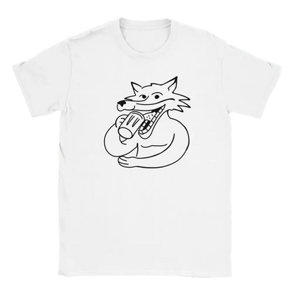 White T-shirt featuring a fox holding a drinking mug.