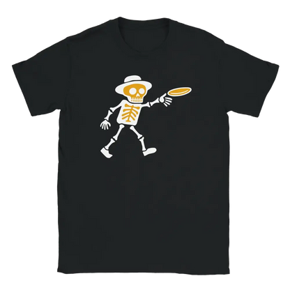 Black T-shirt featuring a skeleton throwing a flying disc.