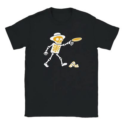 Black T-shirt featuring a skeleton throwing a flying disc.