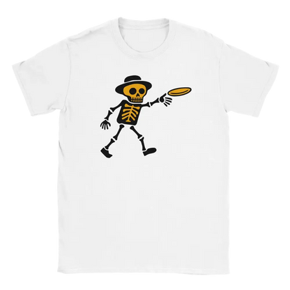White T-shirt featuring a skeleton throwing a flying disc.