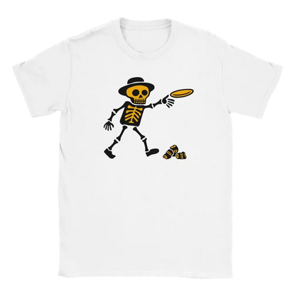 White T-shirt featuring a skeleton throwing a flying disc.