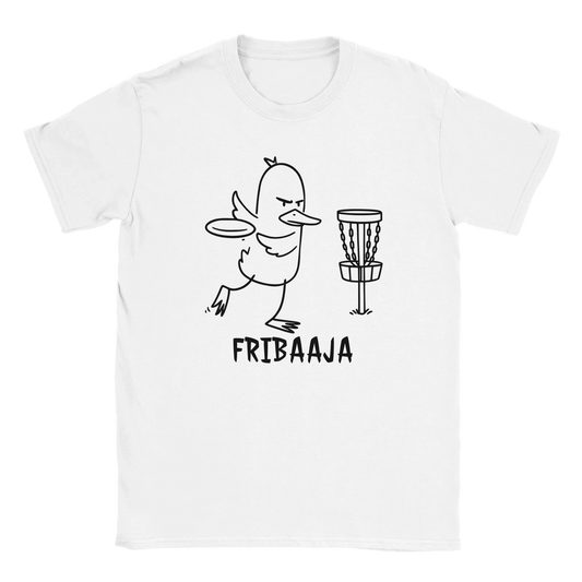 Fribaaja T-paita valkoinen t-paita mustalla linjakuvalla vihaisesta ankkasta disc golfissa
