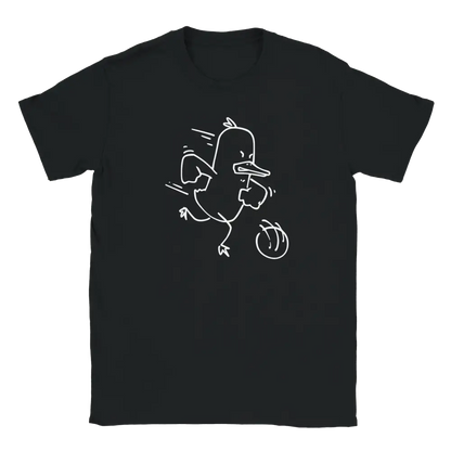 Black T-shirt featuring a duck kicking a football.