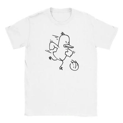 White T-shirt featuring a duck kicking a football.