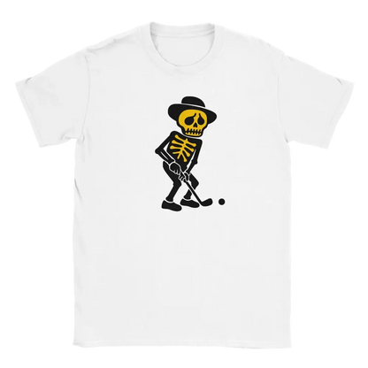 White T-shirt featuring a skeleton putting a golf ball.