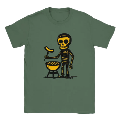 Green T-shirt featuring a skeleton beside a round barbecue holding a sausage on a grilling fork.