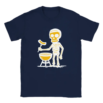 Navy blue T-shirt featuring a skeleton beside a round barbecue holding a sausage on a grilling fork.