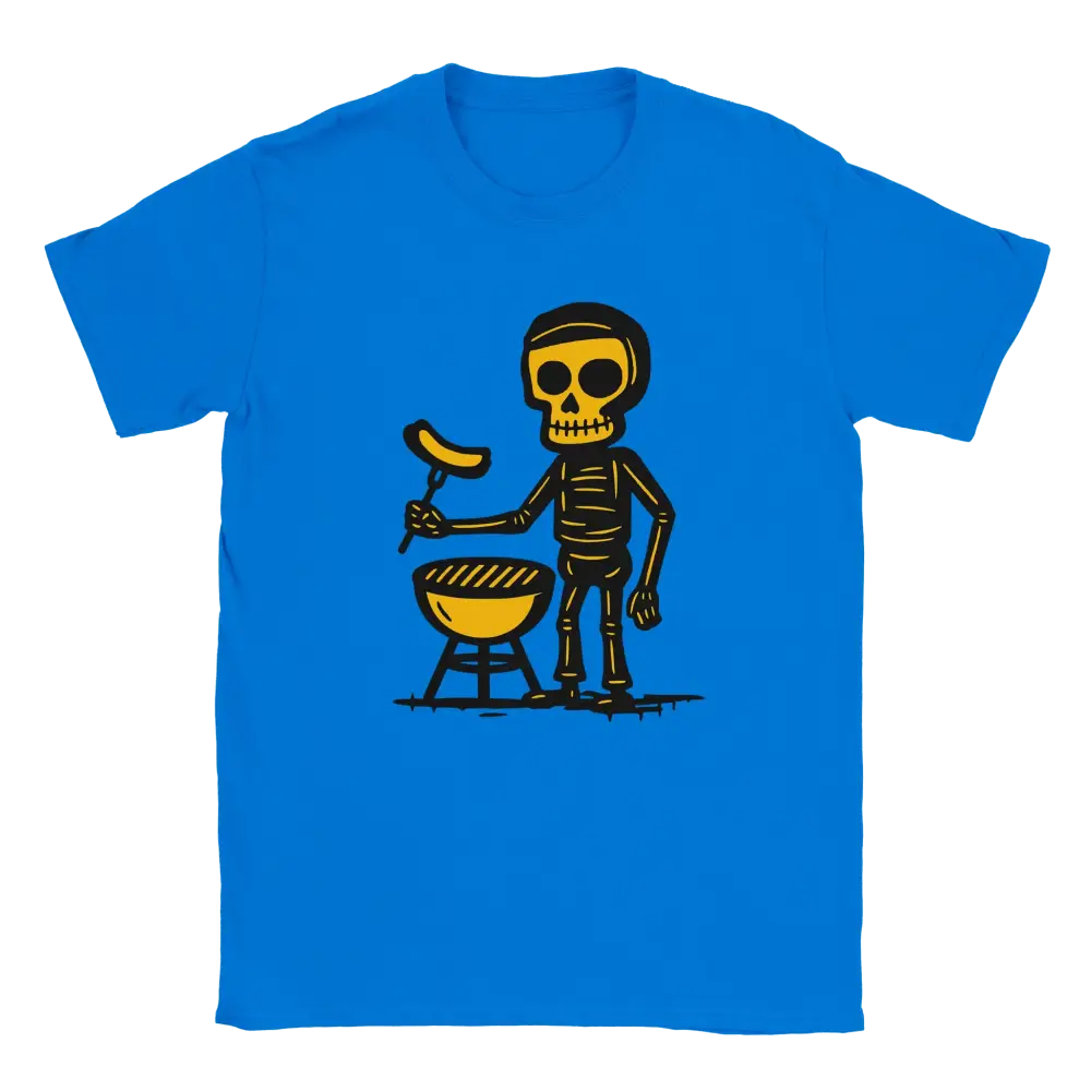 Blue T-shirt featuring a skeleton beside a round barbecue holding a sausage on a grilling fork.