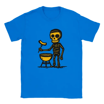 Blue T-shirt featuring a skeleton beside a round barbecue holding a sausage on a grilling fork.