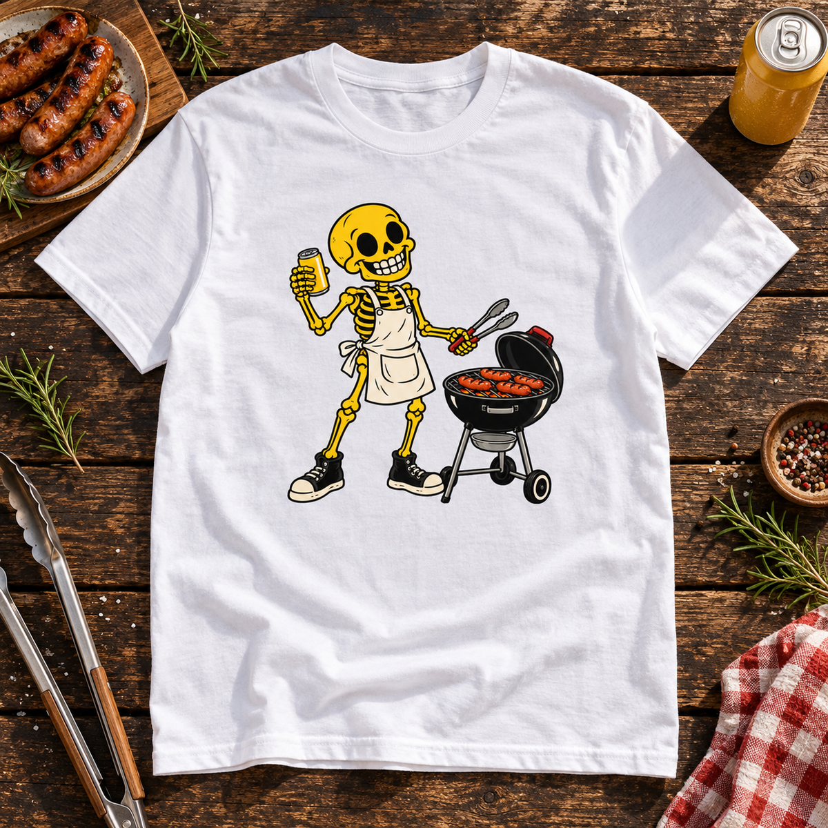 Valkoinen Grillivuoro jatkuu -t-paita grilliluurankoprintillä puupöydällä, ympärillä grillimakkaroita ja grillipihdit.