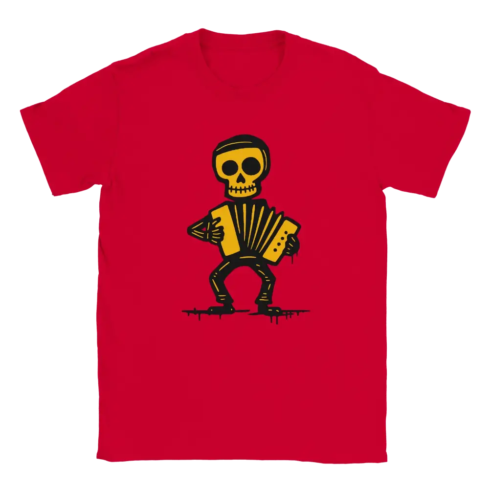 Red T-shirt featuring a skeleton playing an accordion.