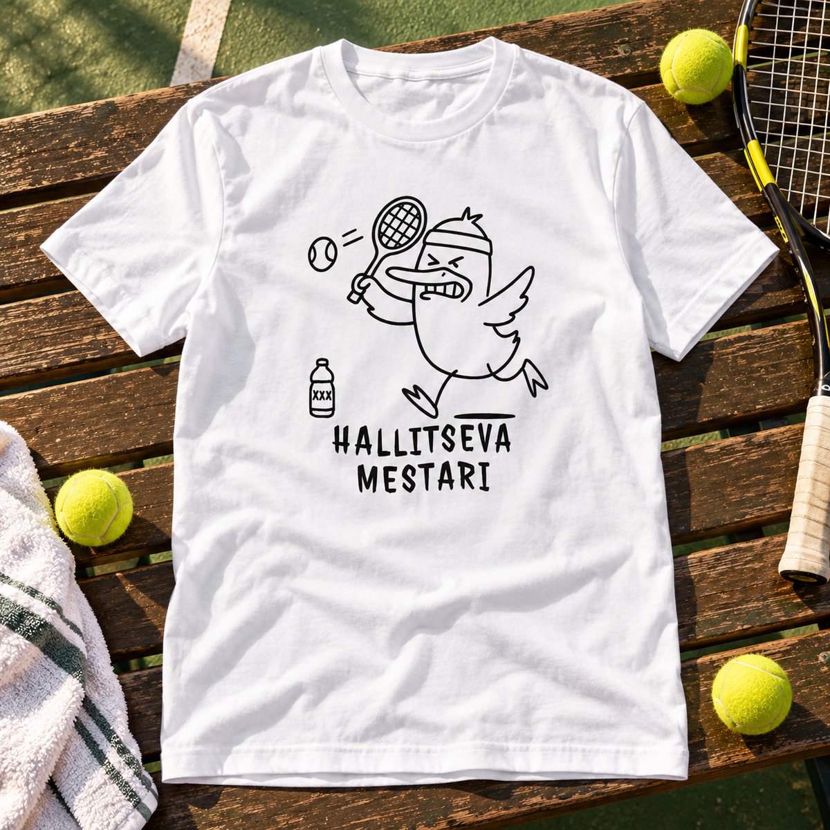 T-paita, jonka printissä tennismailaa heilauttava ankka ja HALLITSEVA MESTARI -teksti. Printin aiheeseen liittyvä tuotekuva ja rekvisiitta.