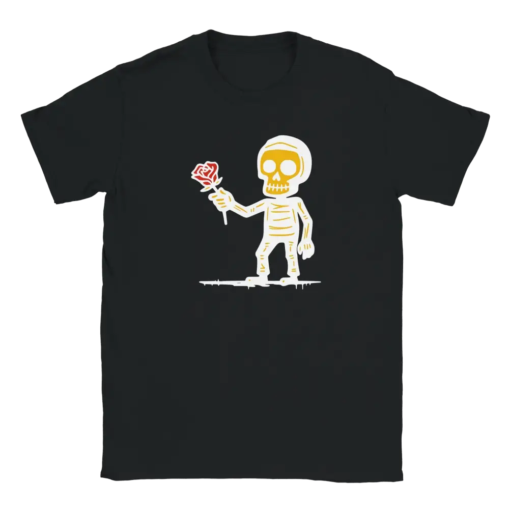 Mustavalkoinen Herrasmies T-paita, luuranko ja punainen ruusu grafiikalla