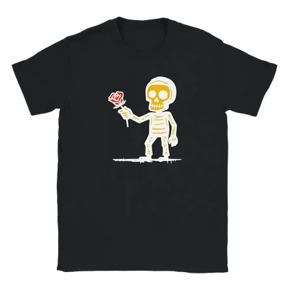 Mustavalkoinen Herrasmies T-paita, luuranko ja punainen ruusu grafiikalla