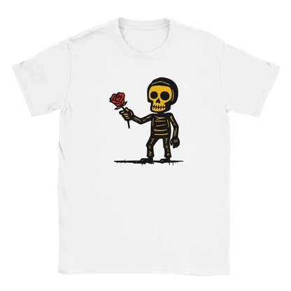 Valkoinen Herrasmies T-paita, luurankokuvio ja punainen ruusu, miesten vaate