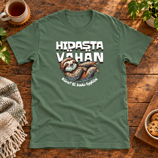 Themed flat-lay photograph of Hidasta vähän - T-paita with accessories related to its printed design.