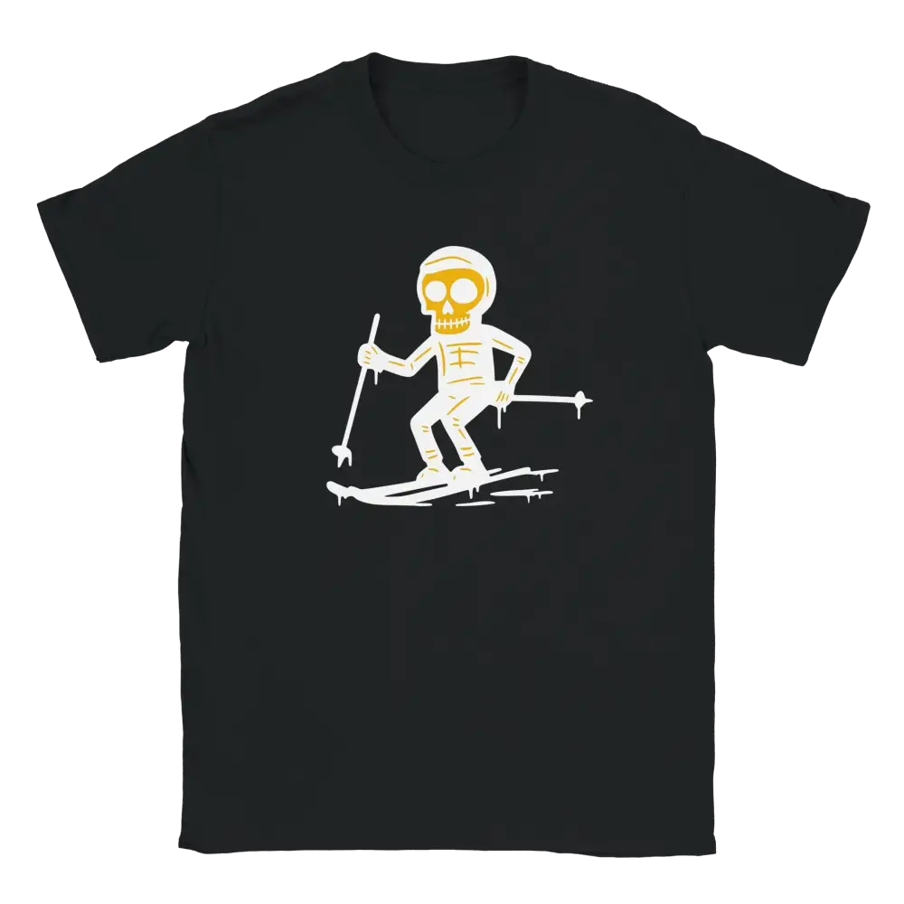 Mustat Hiihtäjä T-paita, skeletoni hiihtografiikalla, moderni ja tyylikäs