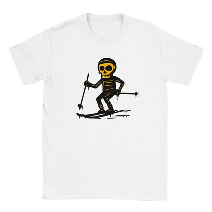 Hiihtäjä T-paita valkoinen lyhythihainen t-paita mustavalkoinen ja keltainen skeleti-hiihtäjä grafiikka