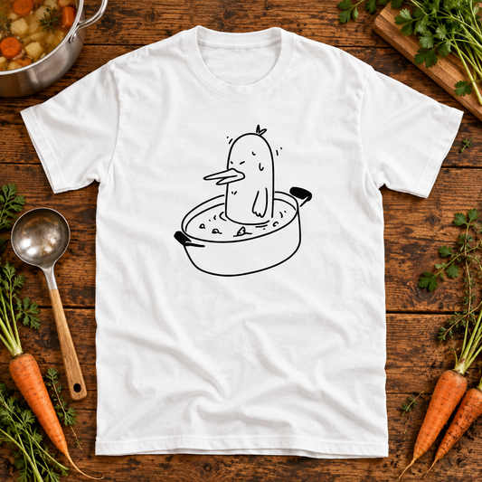 Themed flat-lay photograph of Hot Pot Duck - T-paita with accessories related to its printed design.