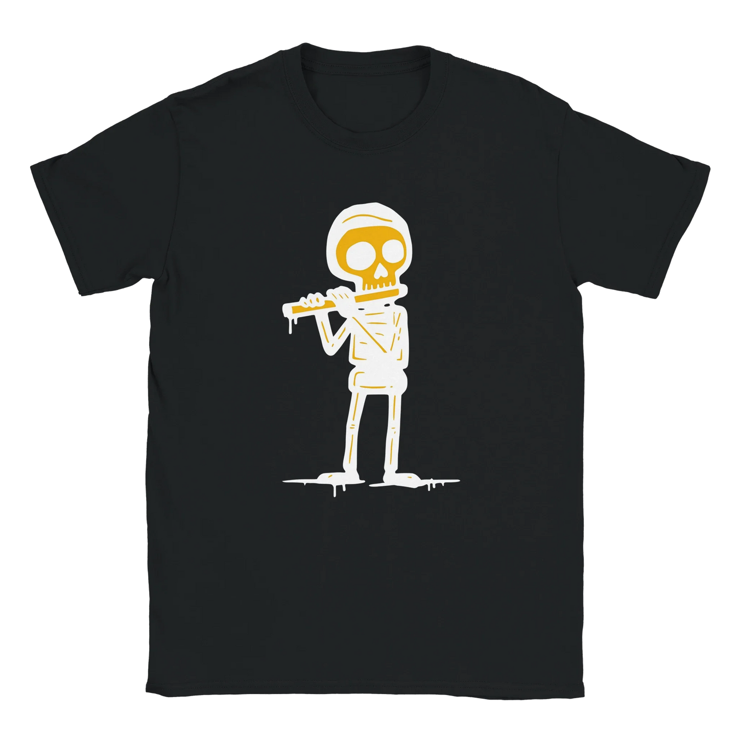 Musta T-paita Huilisti - T-paita, jossa luuranko soittaa fluteaa design