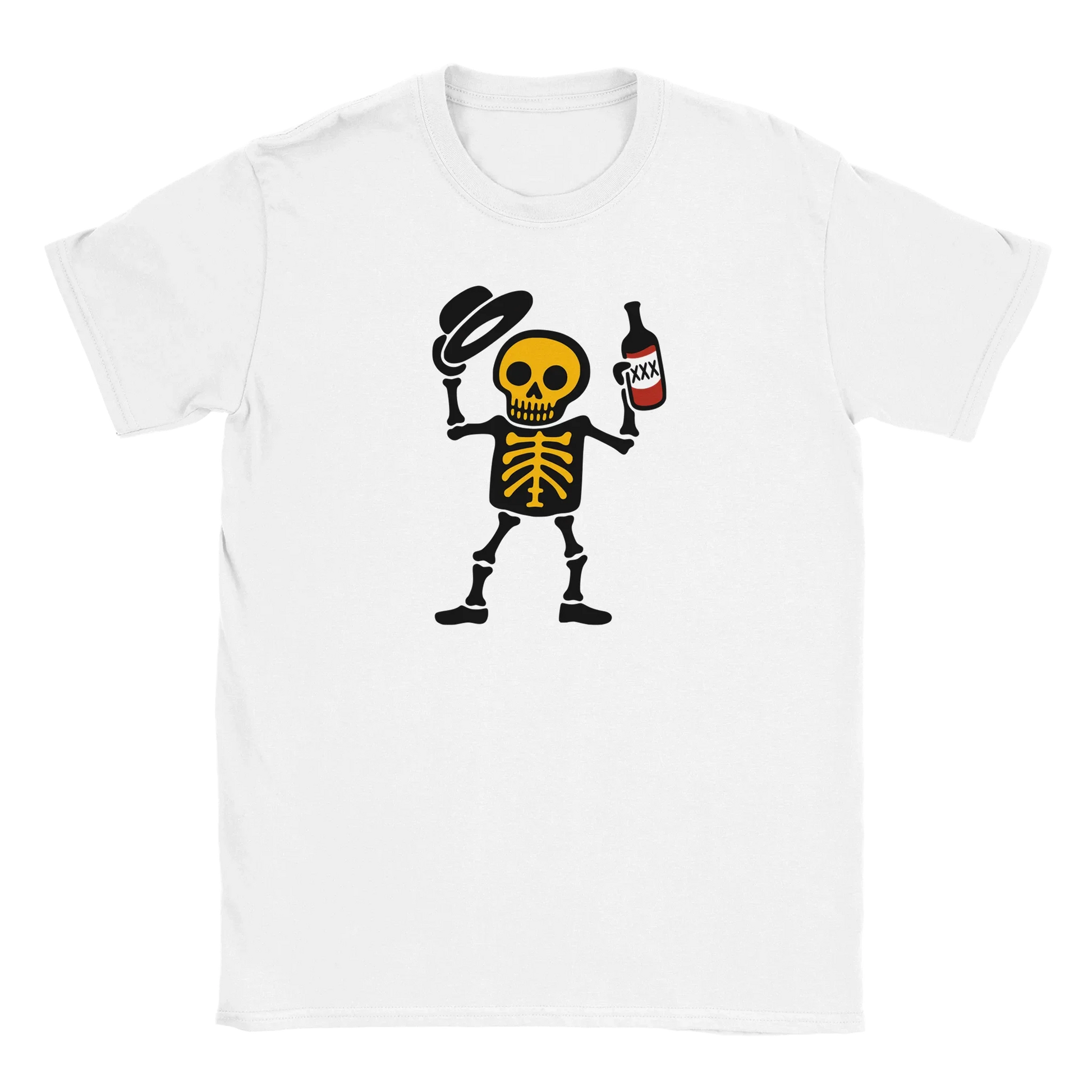 Valkoinen crew-neck T-paita Hyvää päivää - T-paita, jossa sarjakuvahahmo luuranko hattu ja pullo kädessä