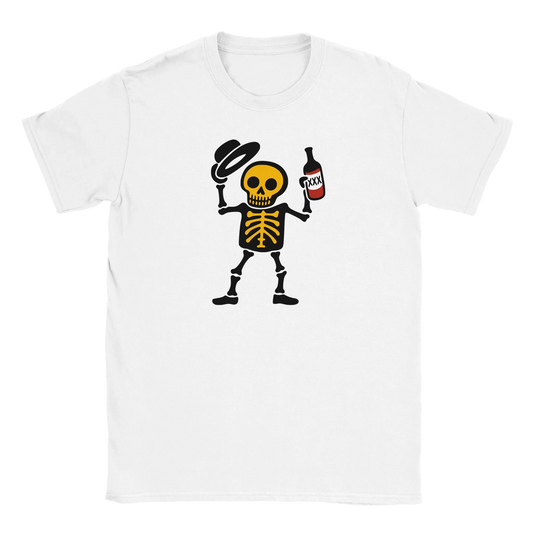Valkoinen crew-neck T-paita Hyvää päivää - T-paita, jossa sarjakuvahahmo luuranko hattu ja pullo kädessä