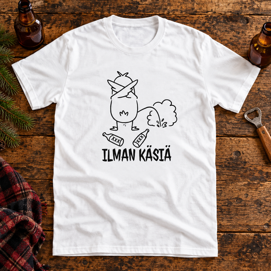 Themed flat-lay photograph of Ilman Käsiä - T-paita with accessories related to its printed design.