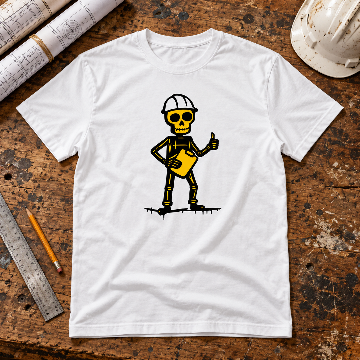 White engineer skeleton print T-shirt on a workbench with blueprints, a ruler and a hard hat.