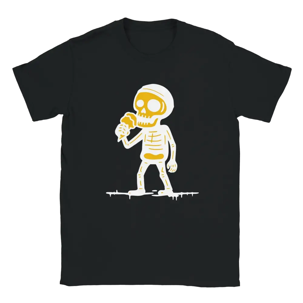 Musta T-paita Jäätelökesä - T-paita, jossa keltainen ja valkoinen sarjakuvaluuranko syö jäätelönkoneen