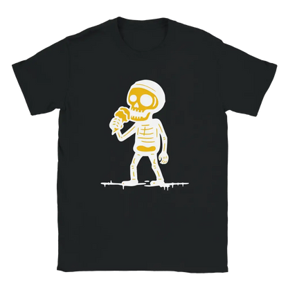 Musta T-paita Jäätelökesä - T-paita, jossa keltainen ja valkoinen sarjakuvaluuranko syö jäätelönkoneen