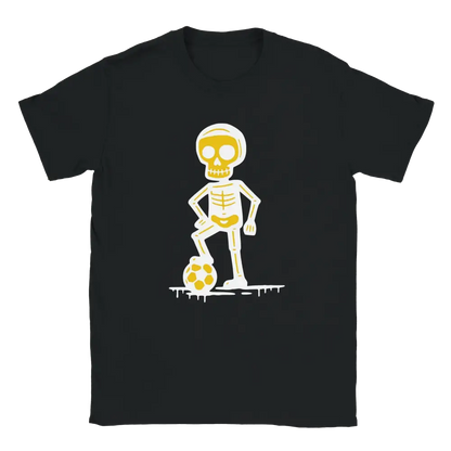 Musta T-paita, jossa keltainen luuranko pelaa jalkapalloa, Jalkapalloilija T-paita