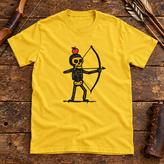 Yellow Jousiampuja skeleton archer T-shirt on a wooden table with a bow, arrows and leather arm guard.