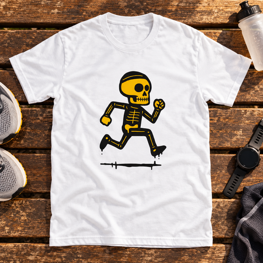 White Juoksija running skeleton T-shirt on a wooden bench with running shoes, a sports watch and water bottle.